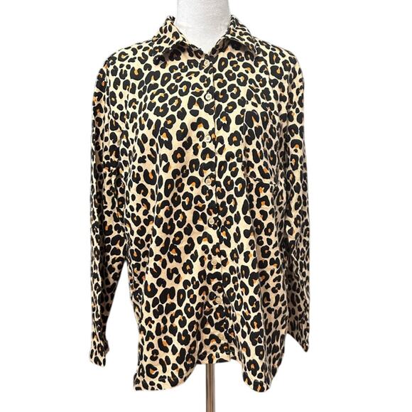 Nordstrom Womens Button Up Shirt Beige Leopard Animal Print Fleece L NWOT - Picture 1 of 8